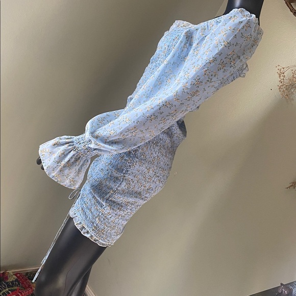 Hey Babe Light Blue Floral Sheer Sleeve Ruched Tie Dress - Picture 8 of 17